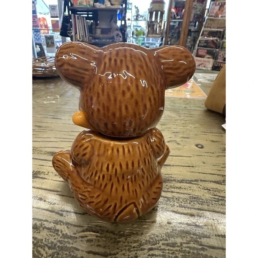 Vintage 1950's Ceramic Brown Honey Bear Pot Jar Taiwan With Dipper